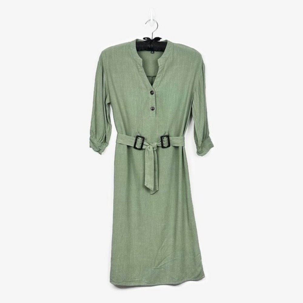 Lulu's Gwendolen Belted Midi Dress Size XS Sage Green Cotton Classic Casual Chic